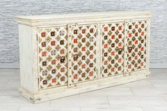 Handmade Indian Furniture Embossed Brass Sideboard with Multicolor Tiles Handmade Indian Furniture Embossed Brass Sideboard with Multicolor Tiles