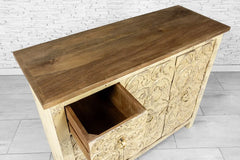 Urban Loft Handmade Solid Mango Wood Carved Sideboard Distresses White Urban Loft Handmade Solid Mango Wood Carved Sideboard Distresses White