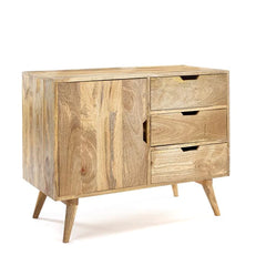 Gfine Sideboard with single door and three drawers made of solid mango wood 81x40x71cm Gfine Sideboard with single door and three drawers made of solid mango wood 81x40x71cm