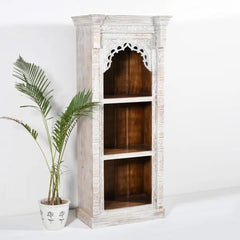 Rajasthan Handmade Indian Furniture Wooden Carved Bookshelf in White Rajasthan Handmade Indian Furniture Wooden Carved Bookshelf in White