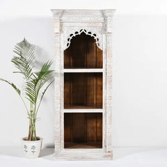 Rajasthan Handmade Indian Furniture Wooden Carved Bookshelf in White Rajasthan Handmade Indian Furniture Wooden Carved Bookshelf in White