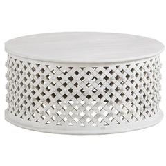Bristol Hand Carved Indian Solid Wood Round Coffee Table With Jali (White) Bristol Hand Carved Indian Solid Wood Round Coffee Table With Jali (White)