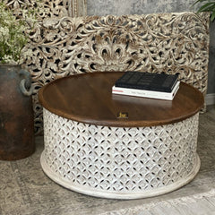 Bristol Hand Carved Indian Solid Wood Round Coffee Table With Jali (Walnut Finish) Bristol Hand Carved Indian Solid Wood Round Coffee Table With Jali (Walnut Finish)