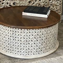 Bristol Hand Carved Indian Solid Wood Round Coffee Table With Jali (Walnut Finish) Bristol Hand Carved Indian Solid Wood Round Coffee Table With Jali (Walnut Finish)