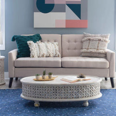 Bristol Hand Carved Indian Solid Wood Round Coffee Table (White Distress) Bristol Hand Carved Indian Solid Wood Round Coffee Table (White Distress)