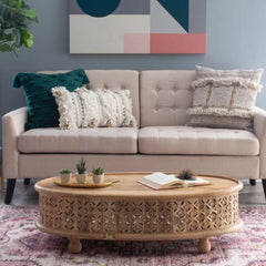 Bristol Hand Carved Indian Solid Wood Round Coffee Table (Natural) Bristol Hand Carved Indian Solid Wood Round Coffee Table (Natural)