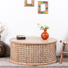 Bristol Hand Carved Indian Solid Wood Round Coffee Table With Jali (Brown Distress) Bristol Hand Carved Indian Solid Wood Round Coffee Table With Jali (Brown Distress)