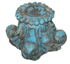 Antique Handcarved Old Pillar Candle Stand Blue Antique Handcarved Old Pillar Candle Stand Blue