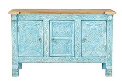 Urban Loft Handmade Solid Mango Wood Carved Sideboard in Rustic Blue Urban Loft Handmade Solid Mango Wood Carved Sideboard in Rustic Blue
