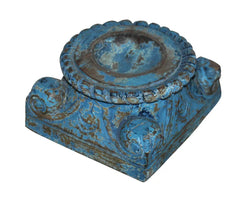Antique Handcarved Old Pillar Candle Stand Blue Antique Handcarved Old Pillar Candle Stand Blue