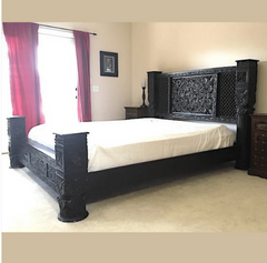 Indian Hand Carved Solid Pillar design with heavy carved bedhead Black 118 Indian Hand Carved Solid Pillar design with heavy carved bedhead Black 118