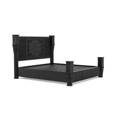 Indian Hand Carved Solid Pillar design with heavy carved bedhead Black 118 Indian Hand Carved Solid Pillar design with heavy carved bedhead Black 118