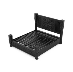 Indian Hand Carved Solid Pillar design with heavy carved bedhead Black 118 Indian Hand Carved Solid Pillar design with heavy carved bedhead Black 118