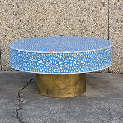 Maya Bone Inlay Indian Solid Wood Round Coffee Table Floral Pattern Blue 90x90x40 cm Maya Bone Inlay Indian Solid Wood Round Coffee Table Floral Pattern Blue 90x90x40 cm