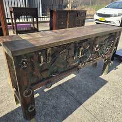 Handmade Carved Solid Hard Wood Old Door Console Table Handmade Carved Solid Hard Wood Old Door Console Table