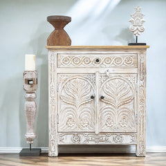 Antique Indian Floral Hand Carved Solid Wooden Cabinet Whitewash Antique Indian Floral Hand Carved Solid Wooden Cabinet Whitewash