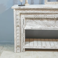 Indian Hand Carved Solid Wood Console Table Whitewash Indian Hand Carved Solid Wood Console Table Whitewash