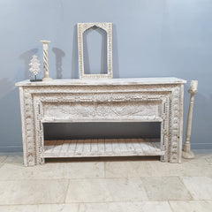 Indian Hand Carved Solid Wood Console Table Whitewash Indian Hand Carved Solid Wood Console Table Whitewash