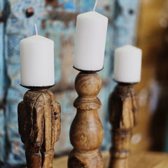 Indian Wooden Vintage Pillar Candle Holder Stand (Set of 3) 166 Indian Wooden Vintage Pillar Candle Holder Stand (Set of 3) 166