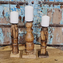Indian Wooden Vintage Pillar Candle Holder Stand (Set of 3) 166 Indian Wooden Vintage Pillar Candle Holder Stand (Set of 3) 166