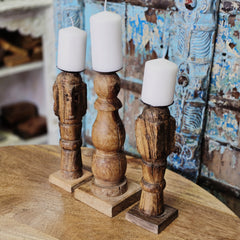 Indian Wooden Vintage Pillar Candle Holder Stand (Set of 3) 166 Indian Wooden Vintage Pillar Candle Holder Stand (Set of 3) 166