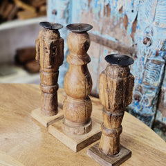 Indian Wooden Vintage Pillar Candle Holder Stand (Set of 3) 166 Indian Wooden Vintage Pillar Candle Holder Stand (Set of 3) 166