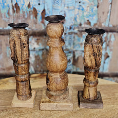 Indian Wooden Vintage Pillar Candle Holder Stand (Set of 3) 166 Indian Wooden Vintage Pillar Candle Holder Stand (Set of 3) 166