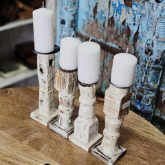Indian Wooden Vintage Pillar Candle Holder Stand (Set of 4) 111 Indian Wooden Vintage Pillar Candle Holder Stand (Set of 4) 111