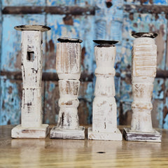 Indian Wooden Vintage Pillar Candle Holder Stand (Set of 4) 111 Indian Wooden Vintage Pillar Candle Holder Stand (Set of 4) 111