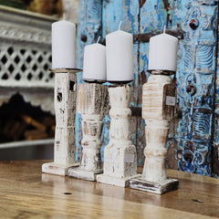 Indian Wooden Vintage Pillar Candle Holder Stand (Set of 4) 111 Indian Wooden Vintage Pillar Candle Holder Stand (Set of 4) 111