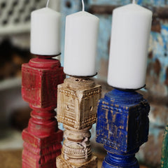 Indian Wooden Vintage Pillar Candle Holder Stand (Set of 4) 110 Indian Wooden Vintage Pillar Candle Holder Stand (Set of 4) 110