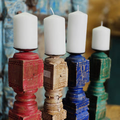 Indian Wooden Vintage Pillar Candle Holder Stand (Set of 4) 110 Indian Wooden Vintage Pillar Candle Holder Stand (Set of 4) 110
