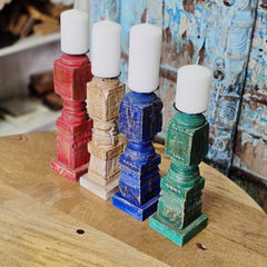 Indian Wooden Vintage Pillar Candle Holder Stand (Set of 4) 110 Indian Wooden Vintage Pillar Candle Holder Stand (Set of 4) 110