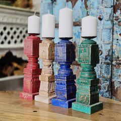 Indian Wooden Vintage Pillar Candle Holder Stand (Set of 4) 110 Indian Wooden Vintage Pillar Candle Holder Stand (Set of 4) 110