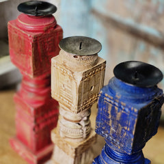 Indian Wooden Vintage Pillar Candle Holder Stand (Set of 4) 110 Indian Wooden Vintage Pillar Candle Holder Stand (Set of 4) 110