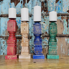 Indian Wooden Vintage Pillar Candle Holder Stand (Set of 4) 110 Indian Wooden Vintage Pillar Candle Holder Stand (Set of 4) 110