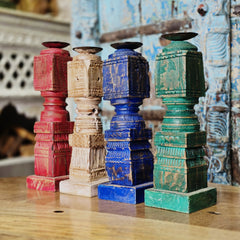 Indian Wooden Vintage Pillar Candle Holder Stand (Set of 4) 110 Indian Wooden Vintage Pillar Candle Holder Stand (Set of 4) 110