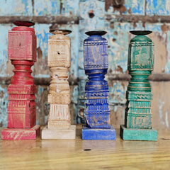 Indian Wooden Vintage Pillar Candle Holder Stand (Set of 4) 110 Indian Wooden Vintage Pillar Candle Holder Stand (Set of 4) 110