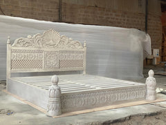 Indian Heritage Design Handcrafted Solid Wood Carved Bed Frame Whitewash 176 Indian Heritage Design Handcrafted Solid Wood Carved Bed Frame Whitewash 176
