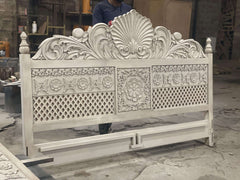 Indian Heritage Design Handcrafted Solid Wood Carved Bed Frame Whitewash 176 Indian Heritage Design Handcrafted Solid Wood Carved Bed Frame Whitewash 176