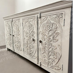 ORCHID DESIGN Indian Hand Carved 4 door Sideboard White ORCHID DESIGN Indian Hand Carved 4 door Sideboard White