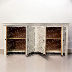 ORCHID DESIGN Indian Hand Carved 4 door Sideboard White ORCHID DESIGN Indian Hand Carved 4 door Sideboard White