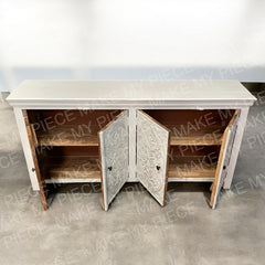 ORCHID DESIGN Indian Hand Carved 4 door Sideboard White ORCHID DESIGN Indian Hand Carved 4 door Sideboard White