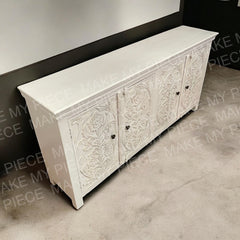 ORCHID DESIGN Indian Hand Carved 4 door Sideboard White ORCHID DESIGN Indian Hand Carved 4 door Sideboard White