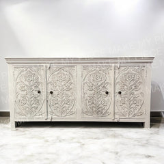 ORCHID DESIGN Indian Hand Carved 4 door Sideboard White ORCHID DESIGN Indian Hand Carved 4 door Sideboard White