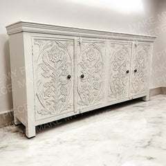 ORCHID DESIGN Indian Hand Carved 4 door Sideboard White ORCHID DESIGN Indian Hand Carved 4 door Sideboard White