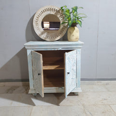Handmade Carved Indian Furniture Solid Mango Wood 2 Doors Cabinet in Bluewash Handmade Carved Indian Furniture Solid Mango Wood 2 Doors Cabinet in Bluewash