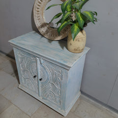 Handmade Carved Indian Furniture Solid Mango Wood 2 Doors Cabinet in Bluewash Handmade Carved Indian Furniture Solid Mango Wood 2 Doors Cabinet in Bluewash