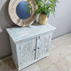 Handmade Carved Indian Furniture Solid Mango Wood 2 Doors Cabinet in Bluewash Handmade Carved Indian Furniture Solid Mango Wood 2 Doors Cabinet in Bluewash