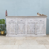 Carved Oasis Hand Carved Mango Wood Sideboard Distressed